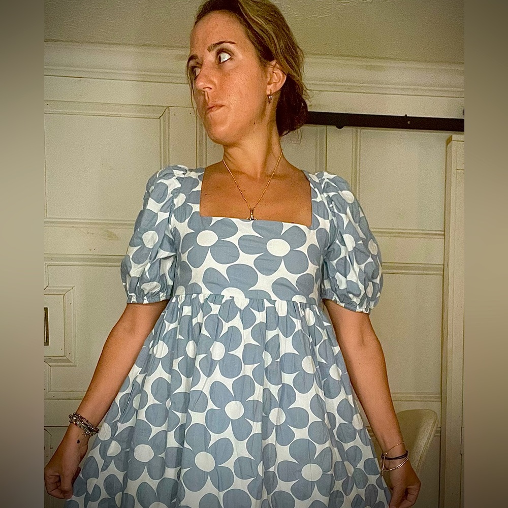 Altar’d State | Retro Baby Doll Mini Dress with Puff sleeves | Blue Floral | Sm